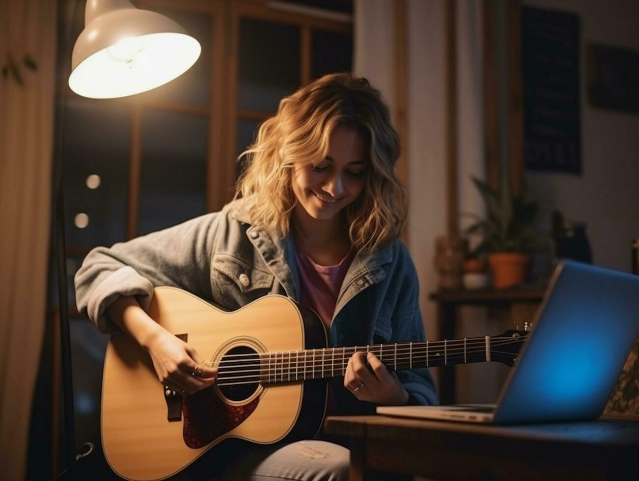 joven mujer tomar lección aprendizaje guitarra desde en línea curso en ordenador portátil en su hogar, digital aprendizaje concepto, ai generado foto