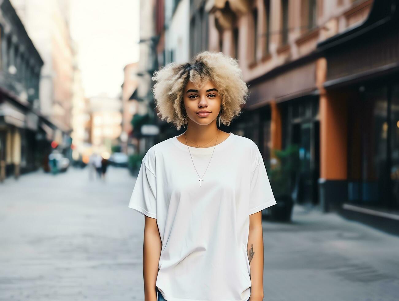 Attractive young woman wearing blank empty oversize white t-shirt mockup for design template,AI Generated photo