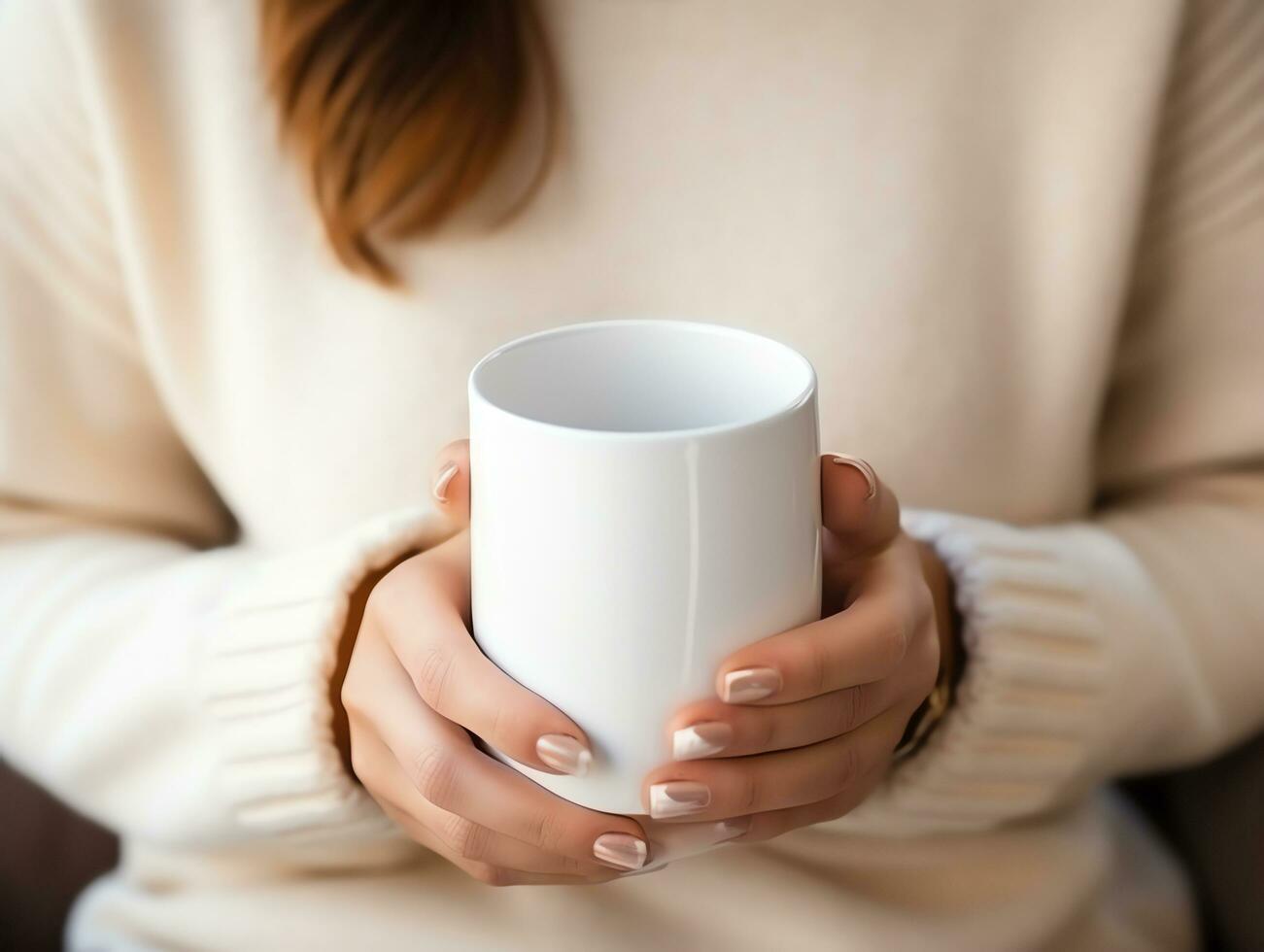 Woman in sweater holding blank empty white mug mockup for design template,AI Generated photo