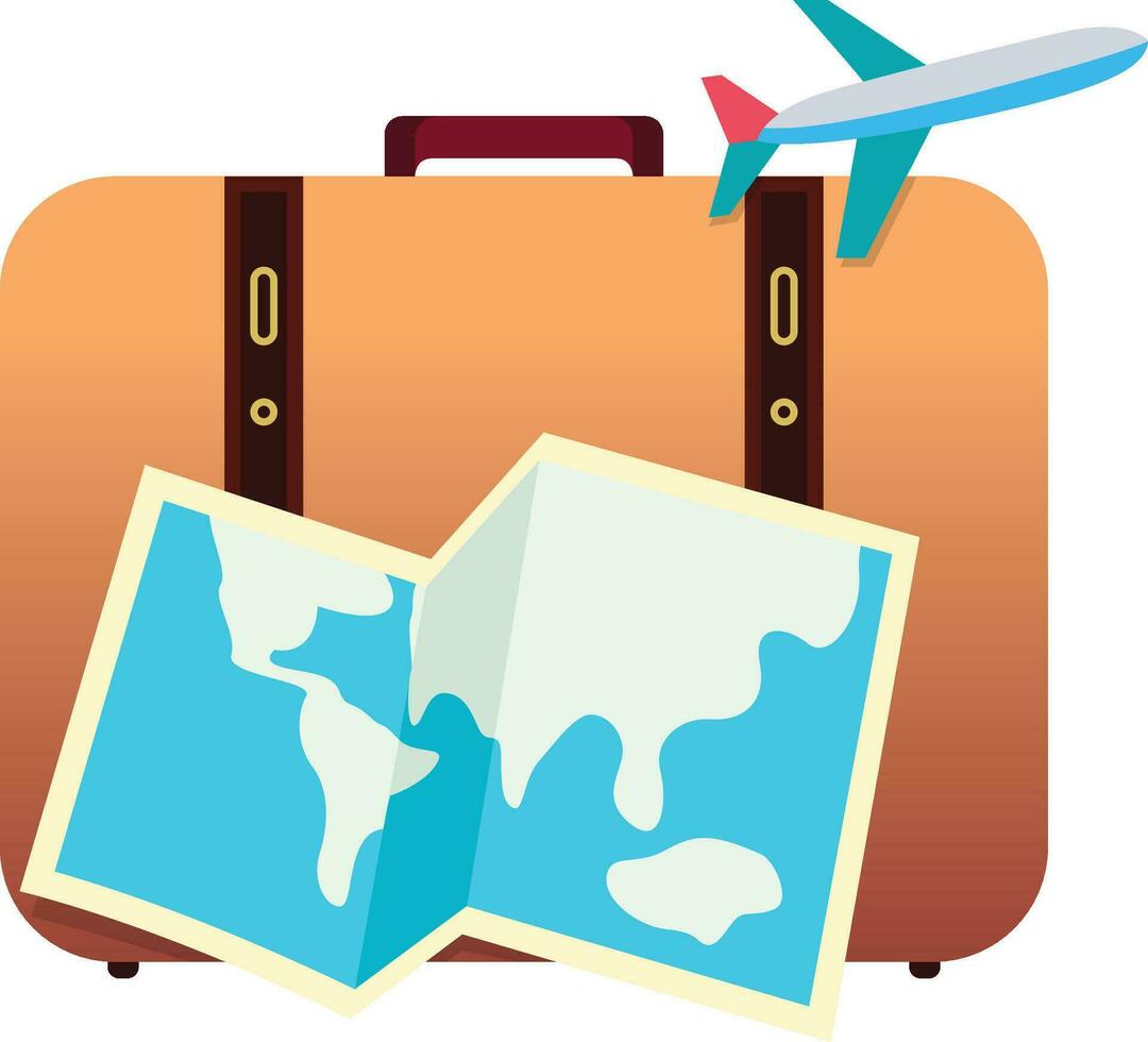Travel bag with map and airplane vector illustration, travel luggage bag with a printed world map and a passenger aircraft, travel enthusiast concept stock vector image