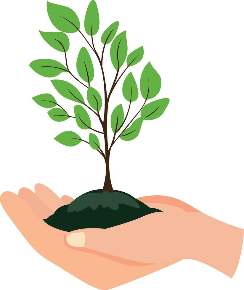 humano mano participación suciedad y un verde árbol planta arboles vector ilustración, humano mano con planta y suelo plano estilo valores vector imagen