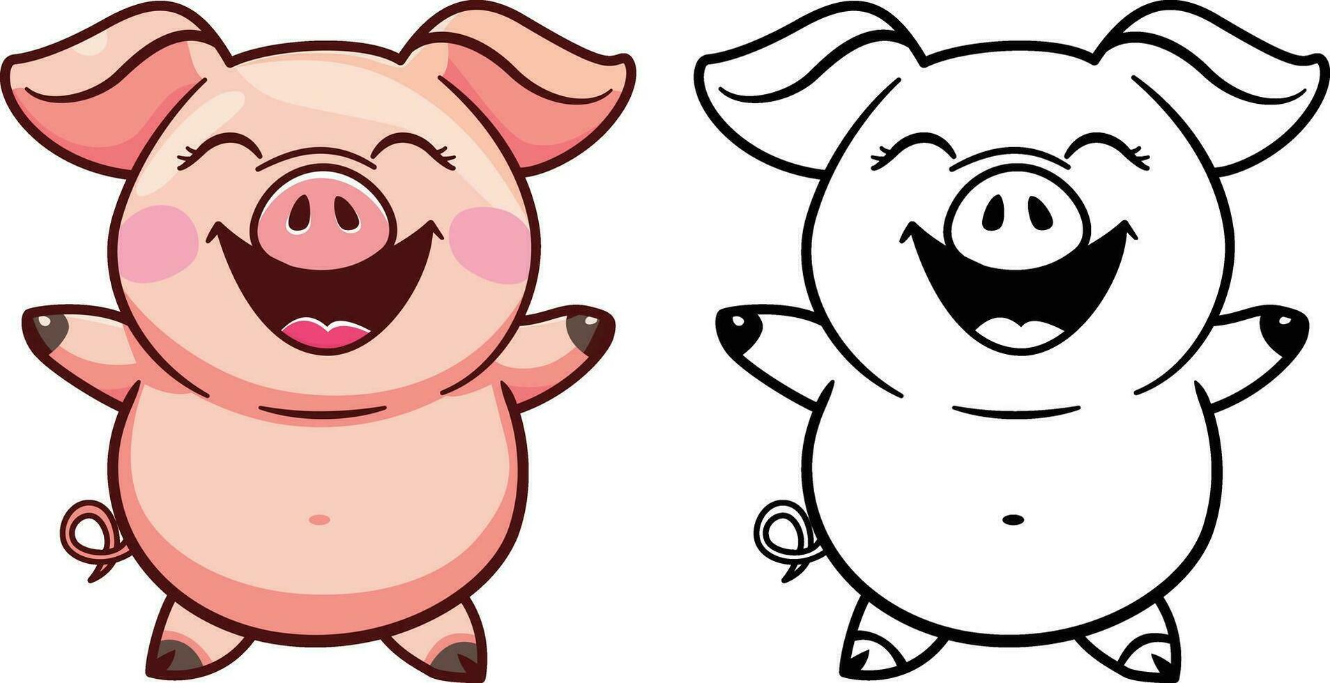 Cute happy pig cartoon vector illustration, pink hog or swine happy mascot character smiling, colored and black and white line art stock vector image
