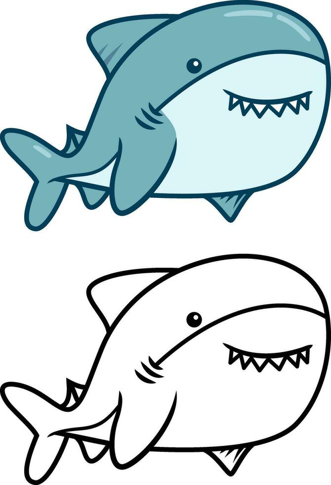 Cute Shark doodle style vector illustration, great white Shark  doodle cartoon style colored and black and white line art for coloring book stock vector image