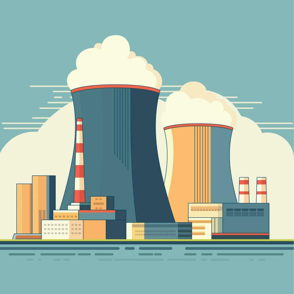 Nuclear power plant flat style vector illustration, nuclear power station, power generation NPP, thermal power station nuclear reactors stock vector image