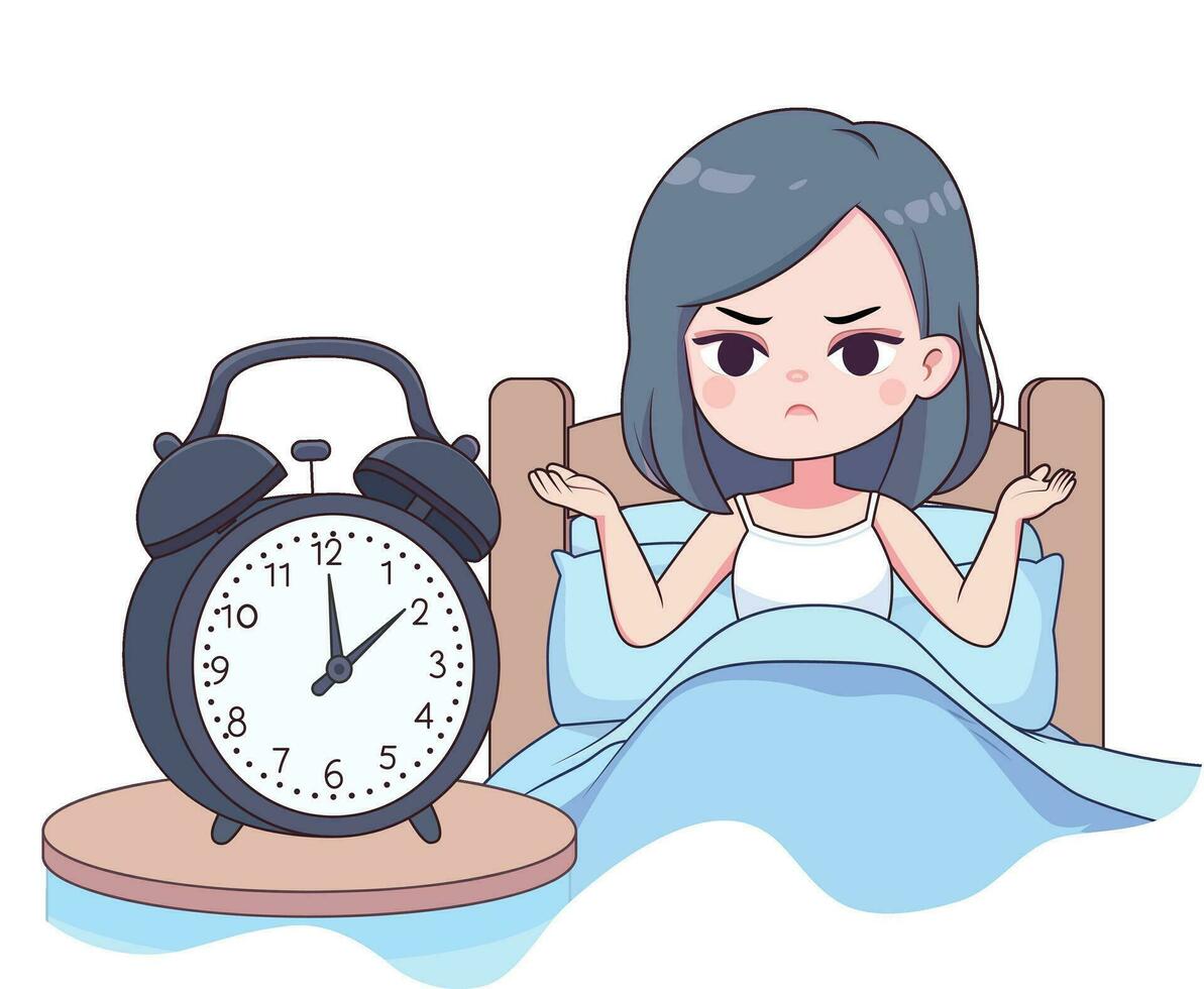 Teen girl on bed, annoyed at the alarm clock going off vector illustration, Female teenager annoyed at alarm clock in the morning stock vector image