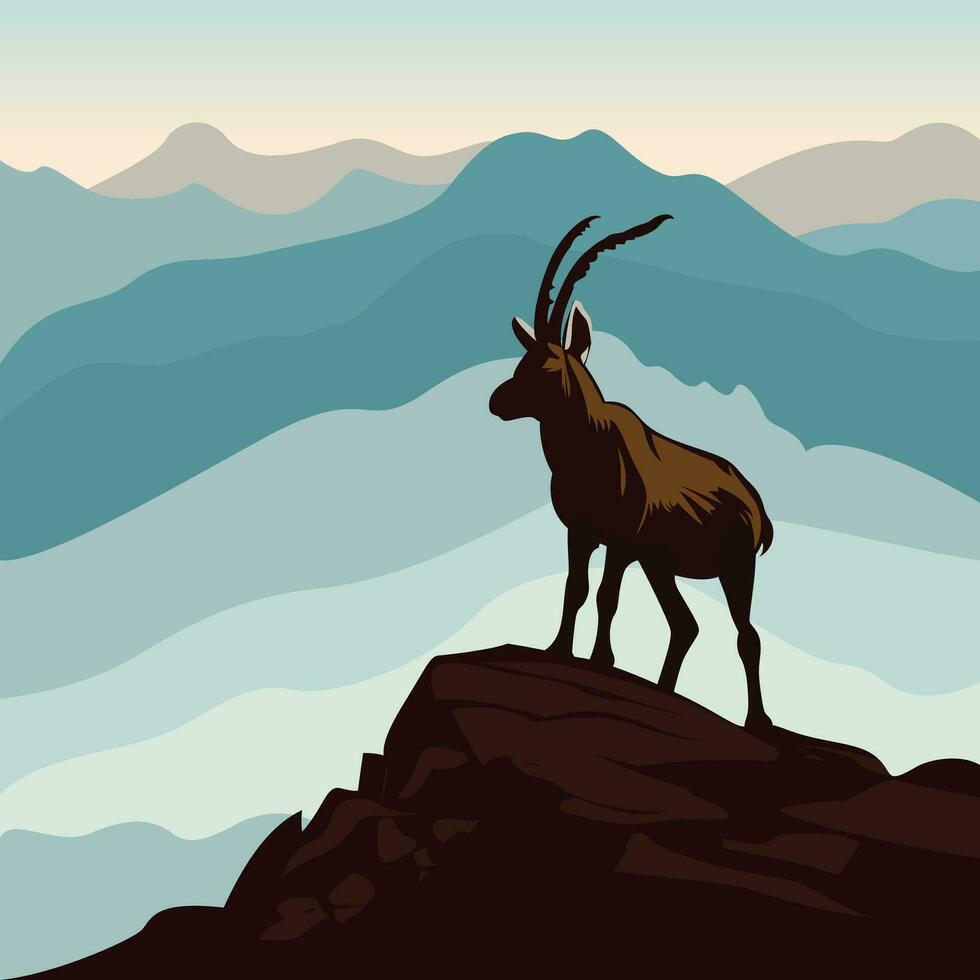 Mountain wild argali flat style vector illustration, Ovis ammon on a cliff, mountain sheep on a mountain and the sky view stock vector image