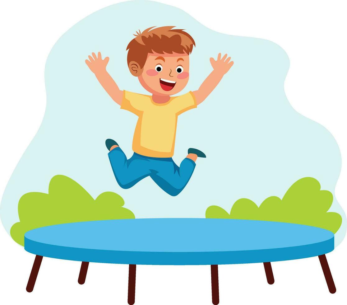 Happy kid jump and bouncing on trampoline outdoors flat style vector illustration, Boy jumping on Jumping rebound tumbler stock vector image