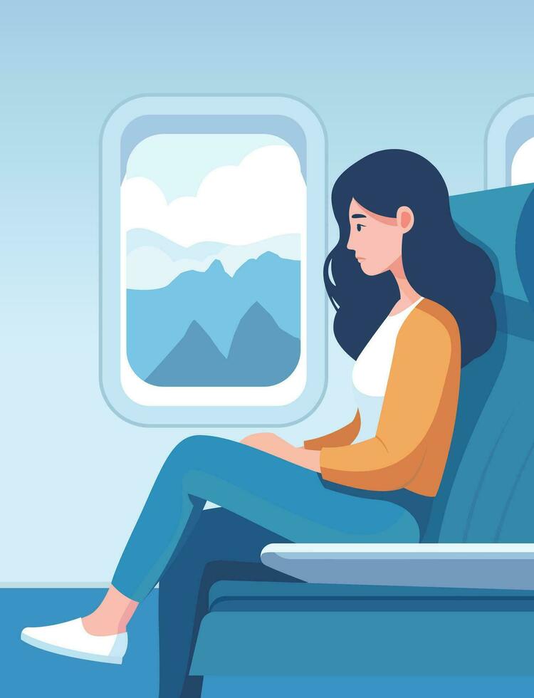 mujer sentado en avión y mirando fuera el ventana, dama de viaje en avión, pasajero en avión sentado en un asiento plano estilo valores vector imagen