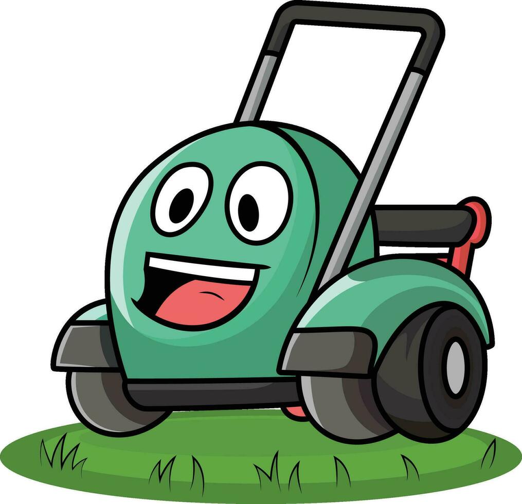 happy lawn mower cartoon mascot character vector illustration, Smiling Lawn mower machine, grass cutter vector image, colored and black and white logo template stock image