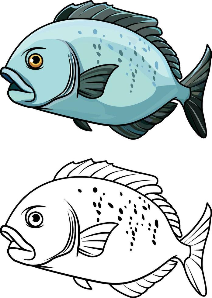 Giant trevally fish cartoon style vector illustration, Caranx ignobilis, lowly trevally, barrier trevally, ronin jack, giant kingfish, or ulua marine fish colored and black and white line art