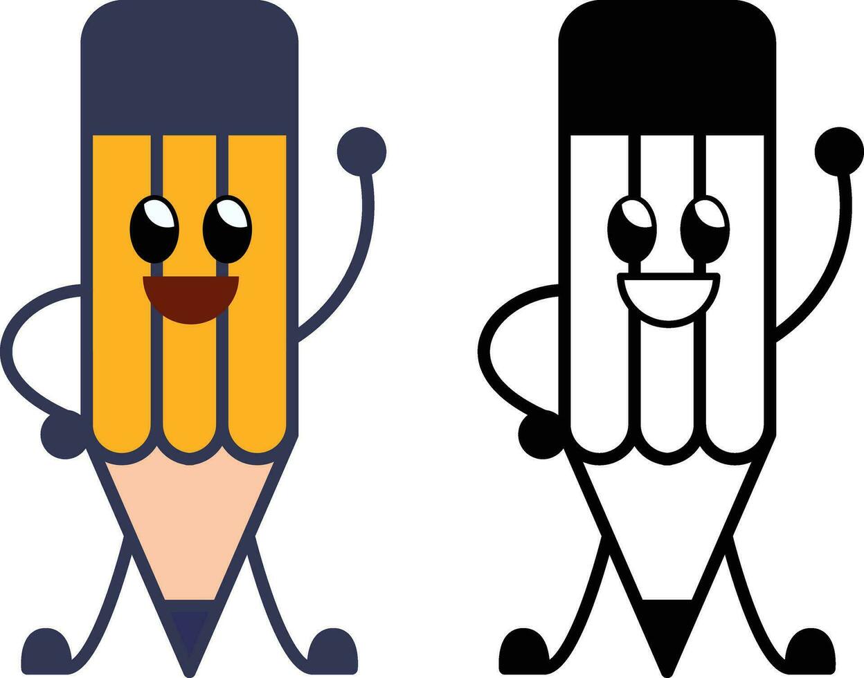 Pencil character waving cartoon vector illustration, cartoon pencil mascot, colored and black and white line art stock vector image