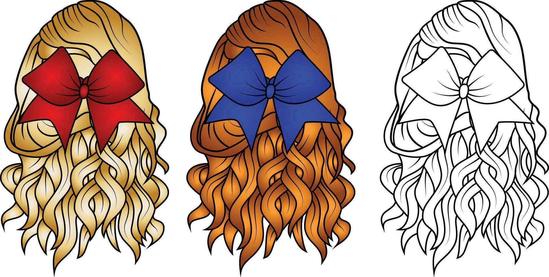 Blond hair, and red bow tie on hair, curly wavy hair cartoon style vector illustration, blond, red and orange girl's hair from behind with a bow tie colored and black and white stock vector image