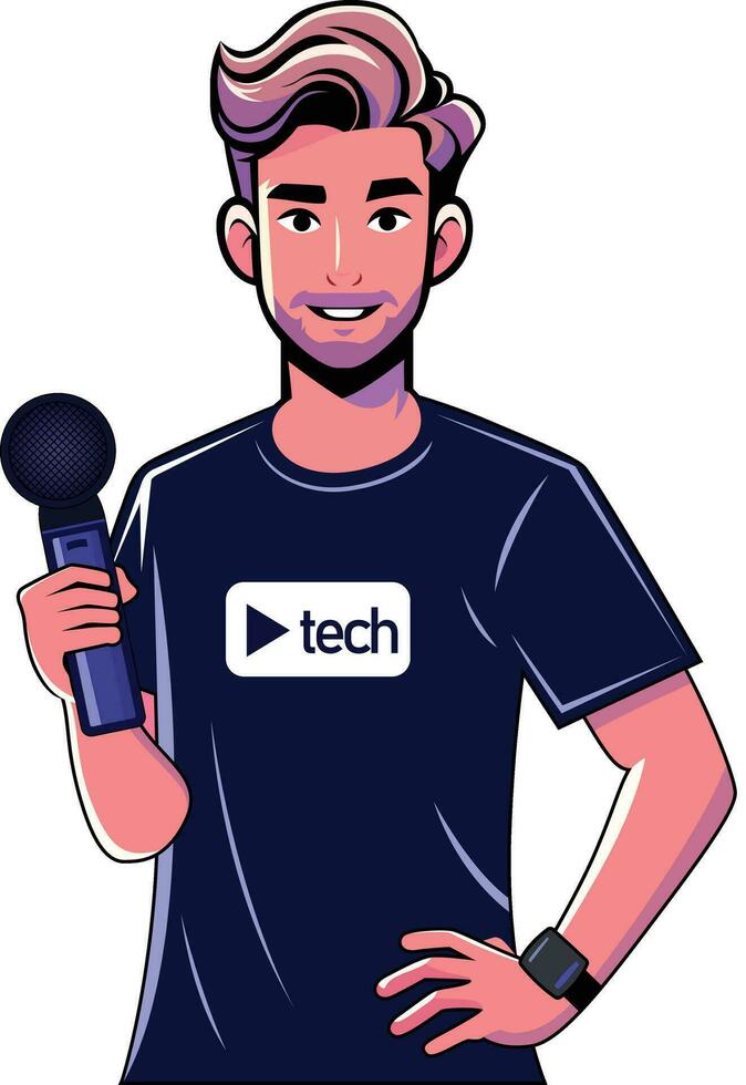 Tech podcaster holding a microphone vector illustration, Guy holding a microphone stock vector image, Man wearing a T-shirt with a tech logo, holding a mic and hand on hip stock vector image