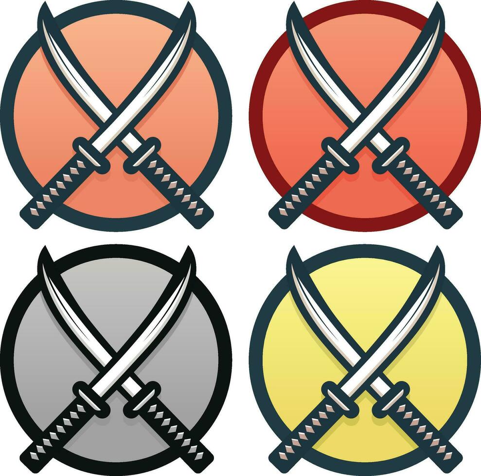 Pair of Katanas logo design template icon symbol vector illustration, Cross swords logo with a circle logo stock vector image