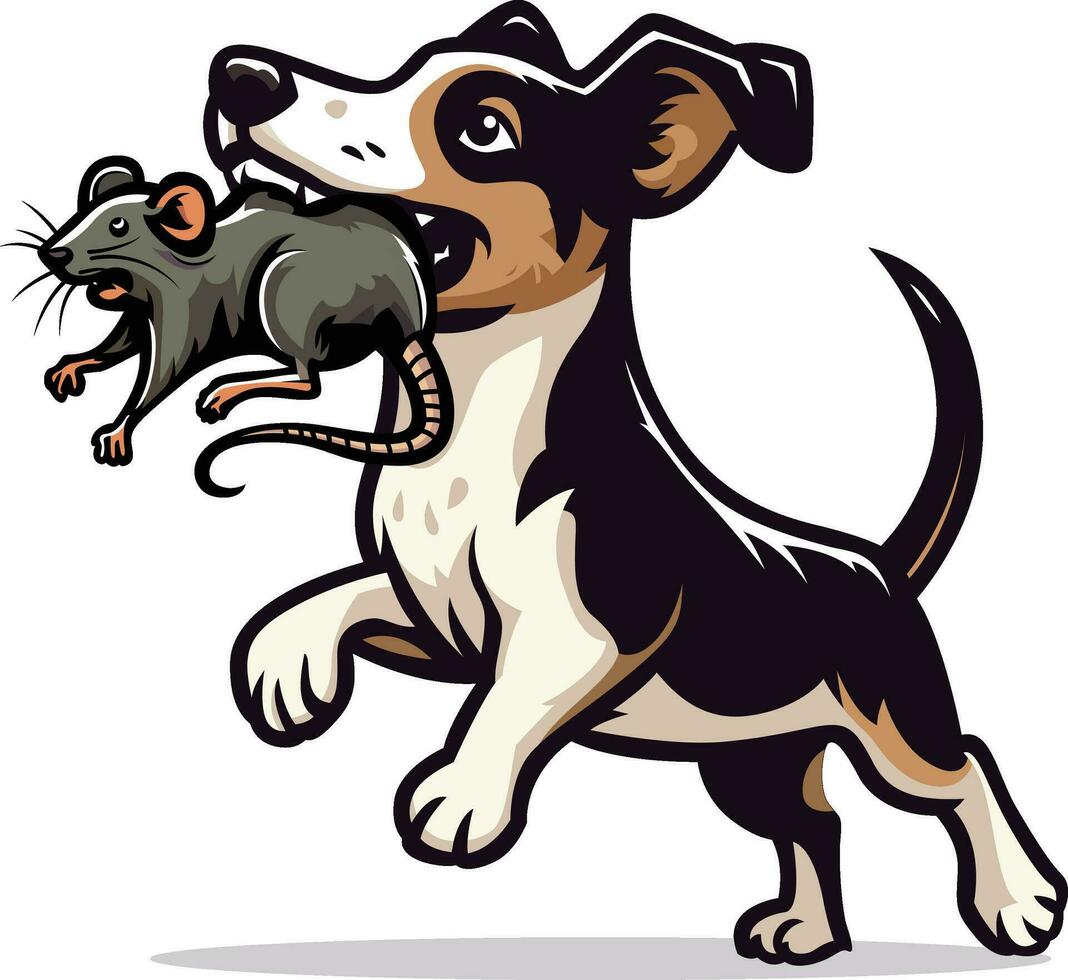 Patterdale Terrier dog with a captured rat in its mouth vector illustration, Hunting dog carrying a rat in its mouth stock vector image