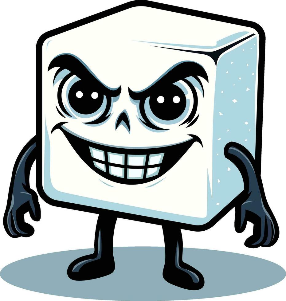 Ominous sugar cube with menacing eyes and a wicked grin, symbolizing the hidden dangers of excessive sugar consumption cartoon stock vector image