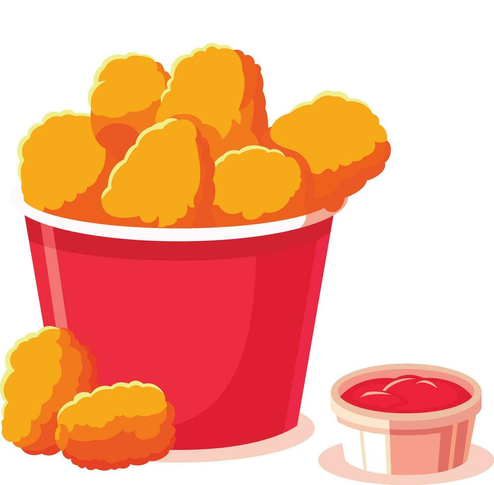 Fried chicken bucket nuggets or legs with ketchup vector illustration, fast food fried chicken in a red bucket stock vector image