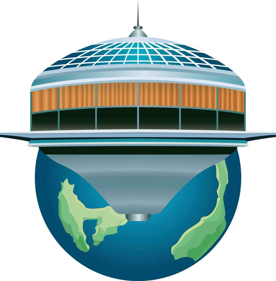 Spaceship hotel orbiting Earth with tourists inside, vector illustration, Spaceship resort on Earth stock vector image