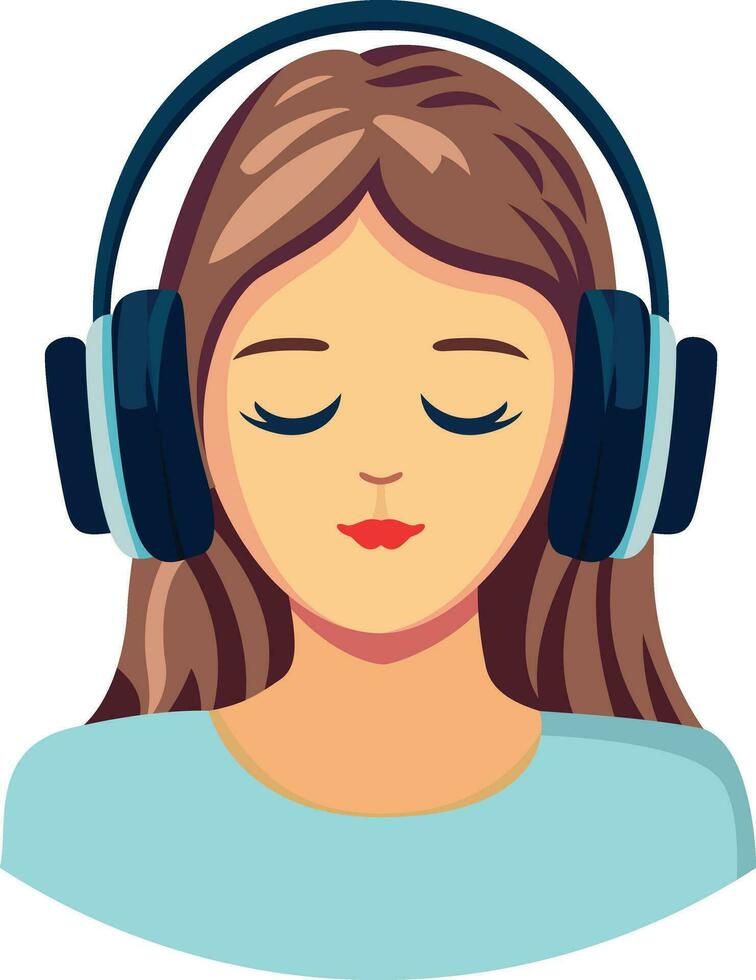 niña vistiendo auriculares, ojos cerrado, escuchando a música, plano estilo vector ilustración, hembra vistiendo auriculares, montado en la cabeza Altavoces Relajado y escuchando a música valores vector imagen