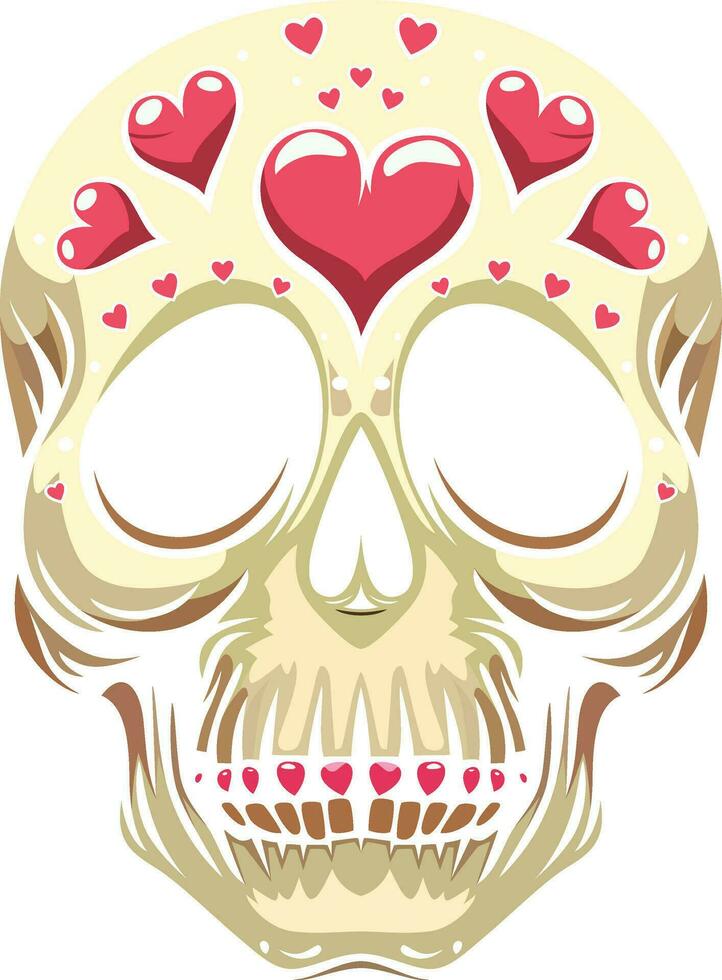 Skull with hearts vector illustration, Tattoo style Skull with hearts on forehead, colored and black and white stock vector image