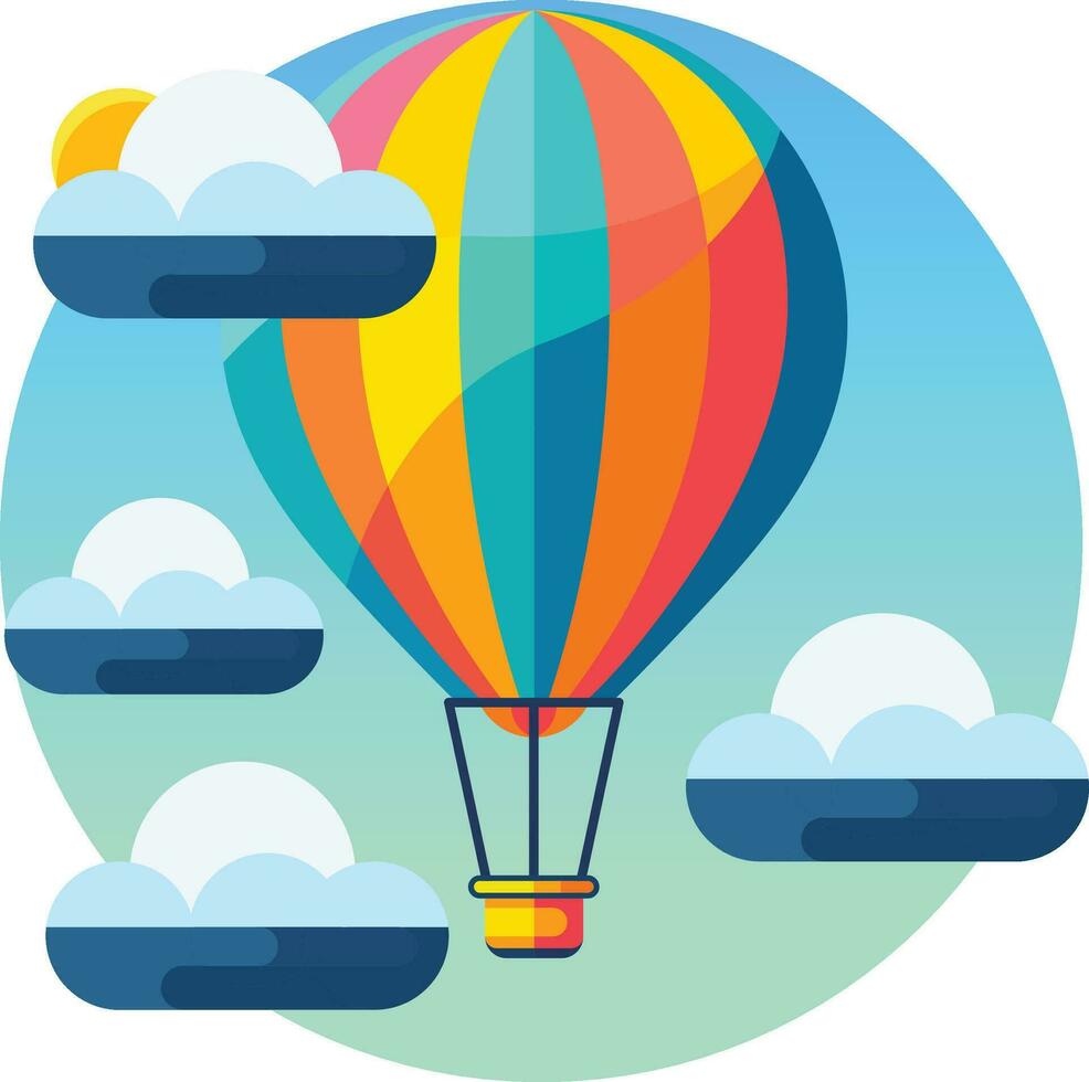 Colorful hot air balloon soaring high into the sky flat style vector illustration, Colorful air balloon in the sky with clouds stock vector image