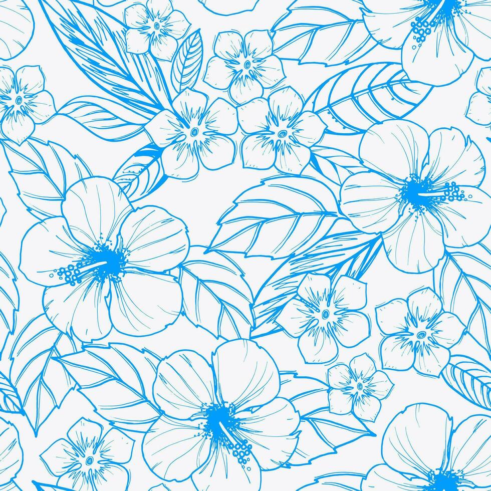 blue seamless floral pattern with hibiscus flowers and leaves vector