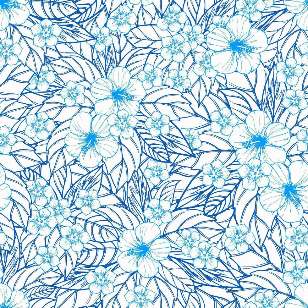 azul sin costura floral modelo con hibisco flores y hojas vector