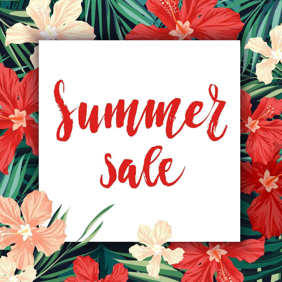summer sale background with red flowers and leaves vector illustration