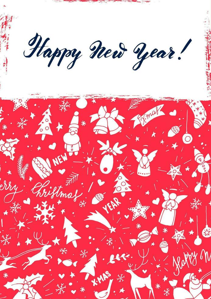 Merry Christmas and happy new year card with doodles and symbols vector