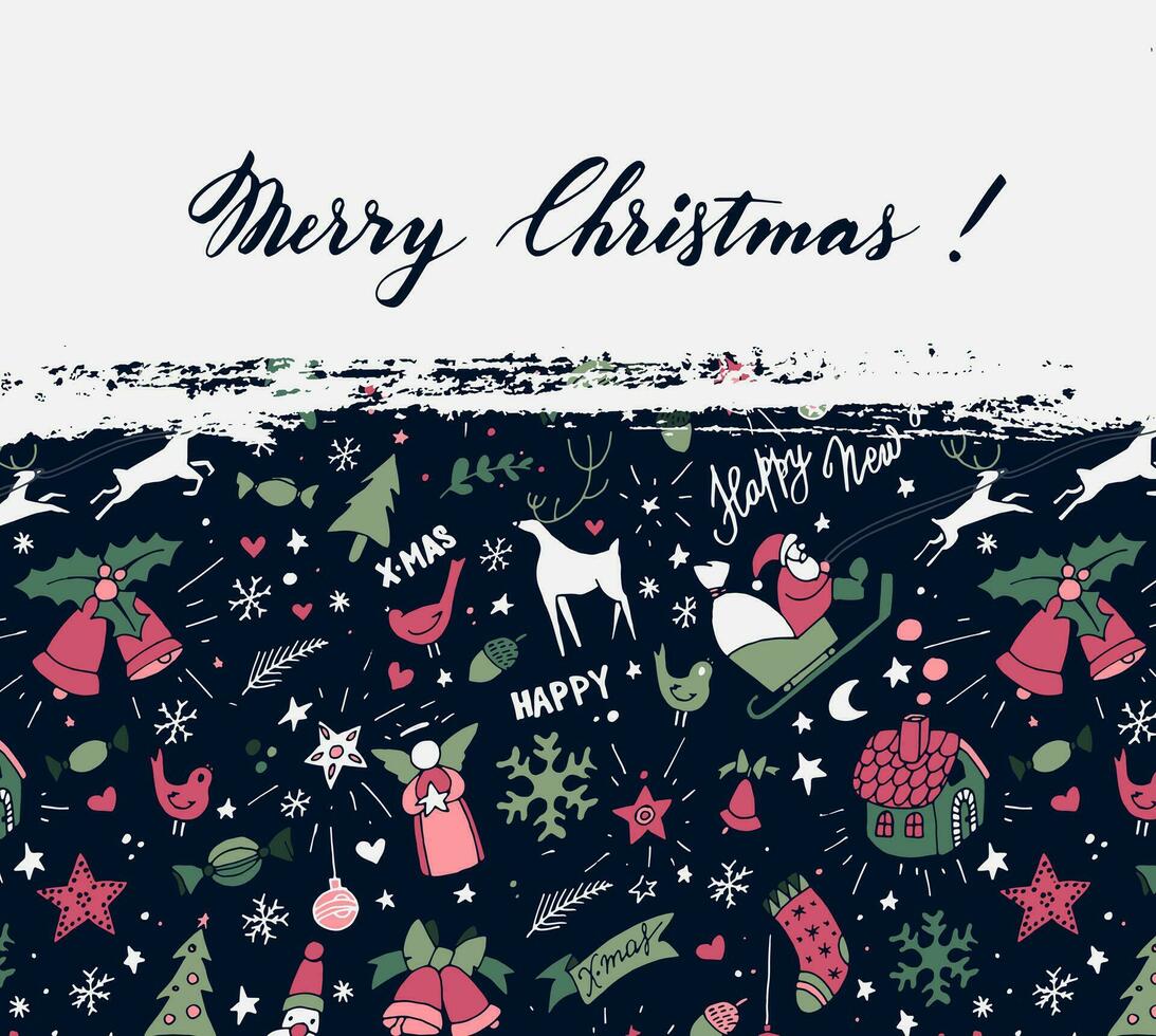alegre Navidad y contento nuevo año tarjeta con garabatos y símbolos vector