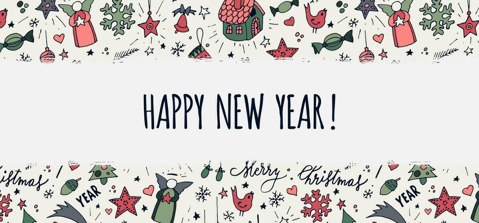 Merry Christmas and happy new year card with doodles and symbols vector