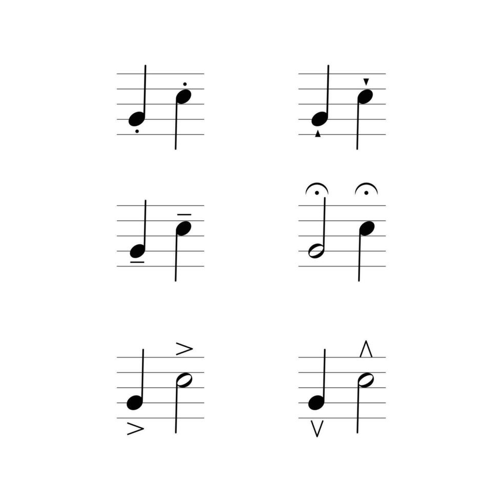 Articulation marks symbol set on staff flat vector isolated on white background. Musical symbol. Musical notation. Flashcard for learning music