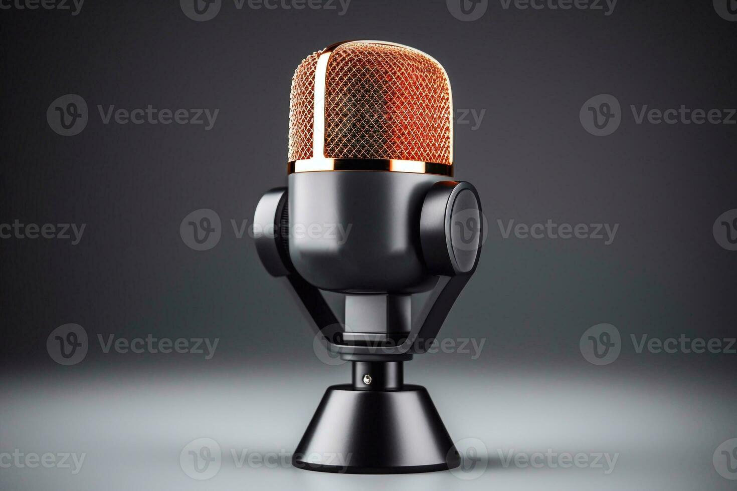 A photo of 3d rendering of a microphone on a gray background. Studio shot. broadcast, radio, speak, sing, voice, mic and speech concept Generative AI