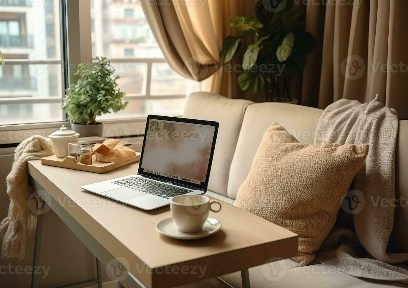 3D rendering of a cozy living room with a work desk, perfect for remote work. Wooden floor, brick wall, and soft furnishings create a warm. Comfortable place to work from home. Generative AI photo