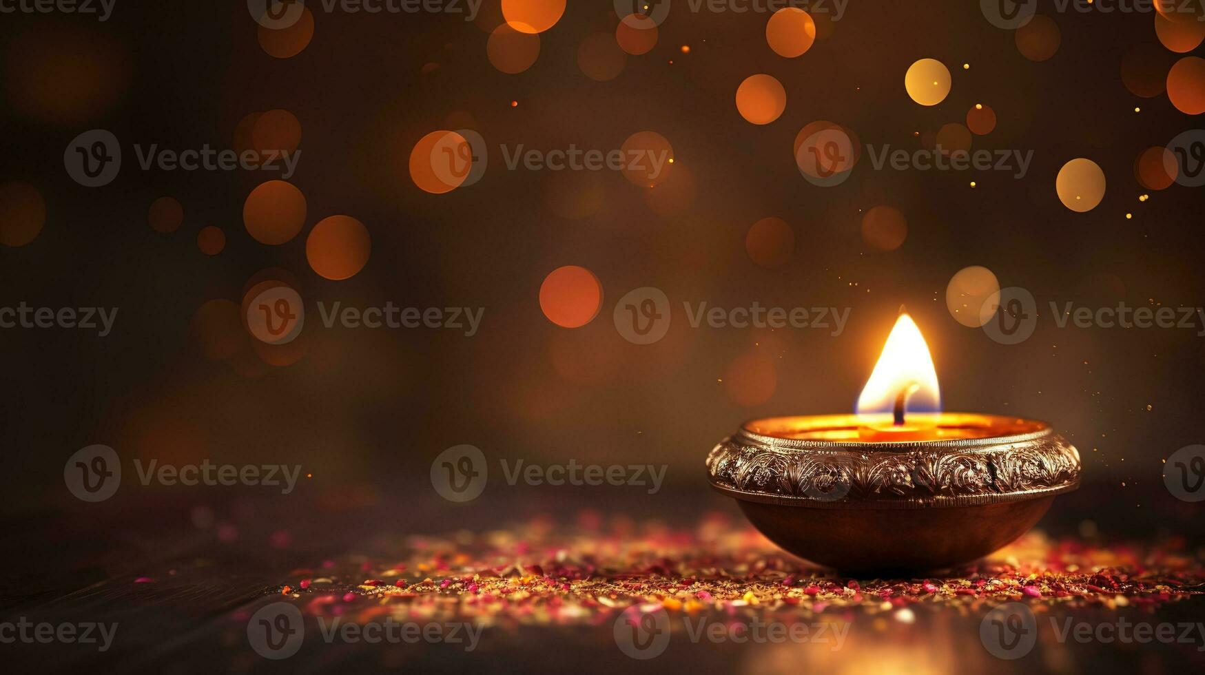 Diwali background with copy space. A lit candle on a wooden table, with a blurred bokeh background of lights. Perfect for advertising, banners, and social media posts. Generative AI photo