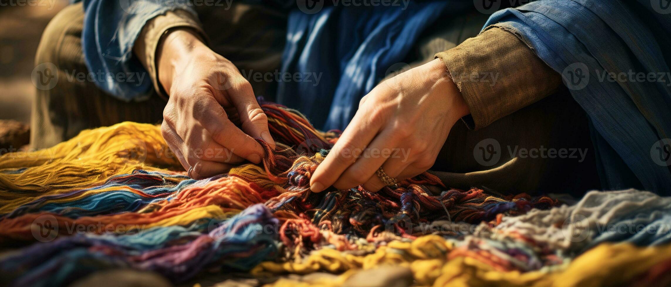 Hands of Elderly woman weaving a basket, a modern traditional heritage craft passed down through generations. The basket is made of straw, wicker, and cotton. Generative AI photo