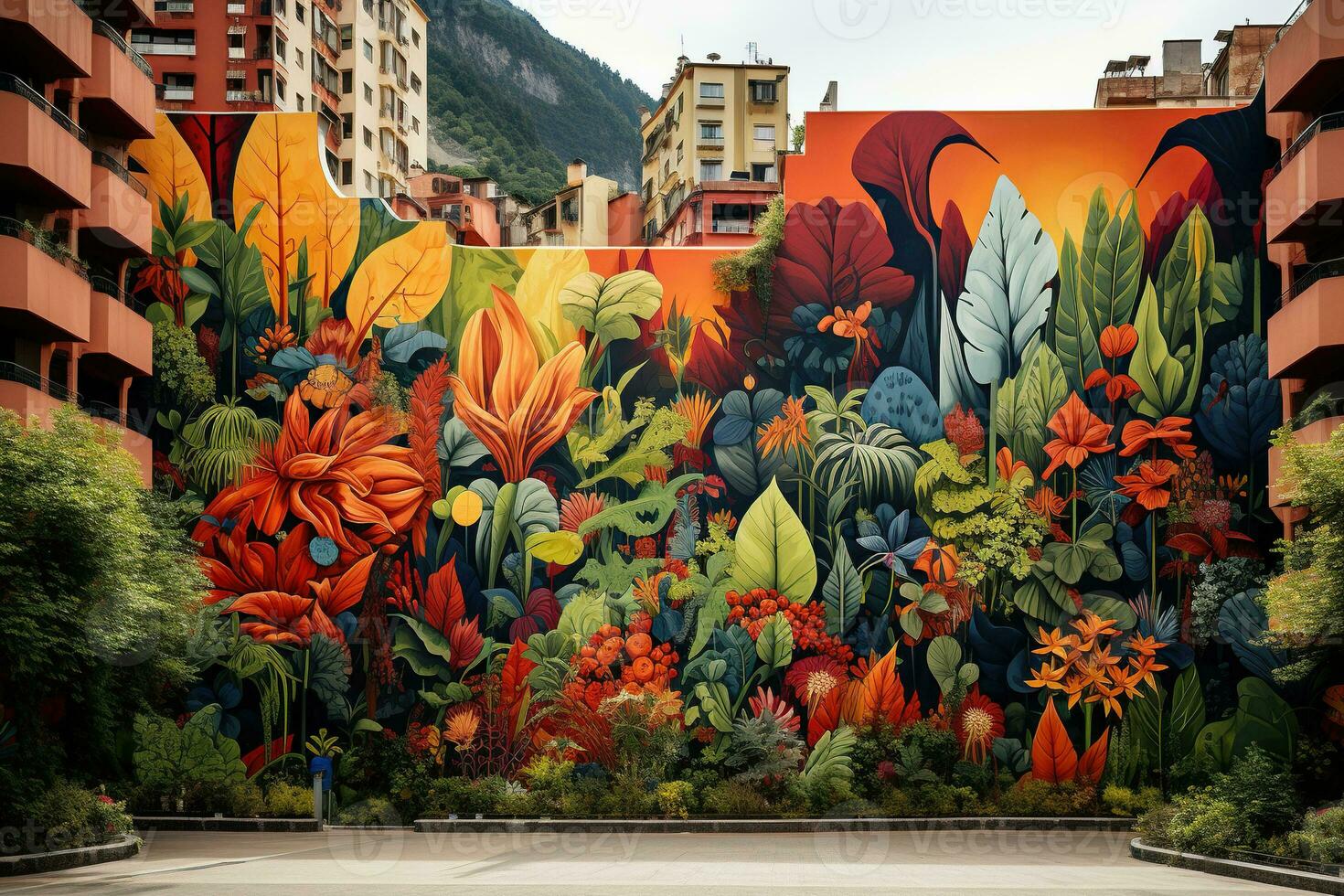 hermosa mural en el pared representando naturaleza en un ciudad en el montañas. generado por artificial inteligencia foto