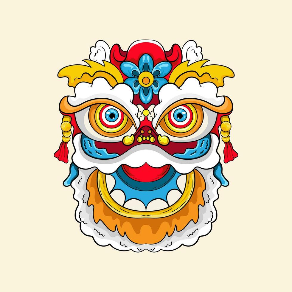 chino león danza cabeza, China lunar nuevo año continuar mascarilla. tradicional asiático personaje, disfraz para fiesta celebracion, dibujos animados diseño elemento aislado en blanco antecedentes vector