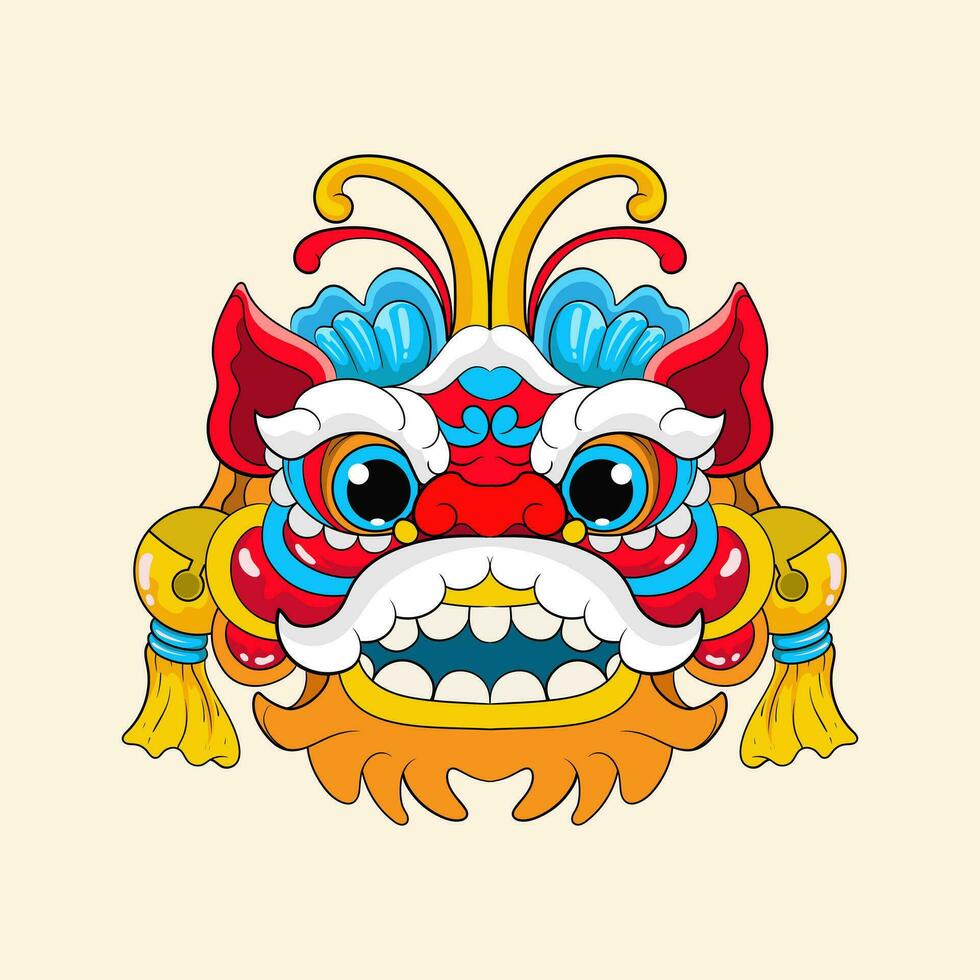 Chinese lion dance head, China Lunar New Year dragon mask. Traditional asian character, costume for holiday celebration, cartoon design element isolated on white background vector