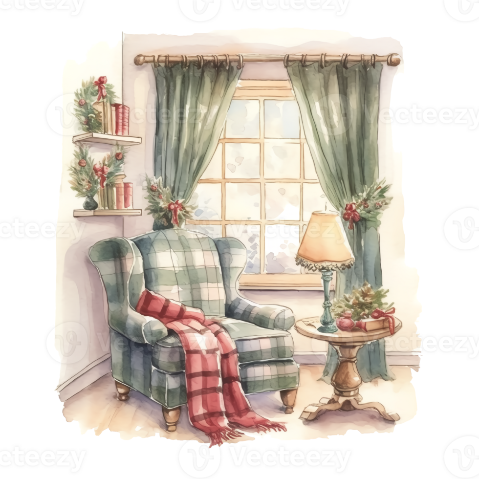 Watercolor Christmas Cozy Reading Corner Sublimation. png