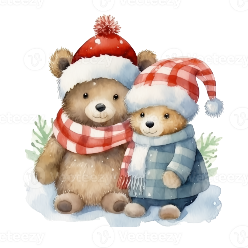 Cute Christmas watercolor teddy bear in a hat and scarf. png