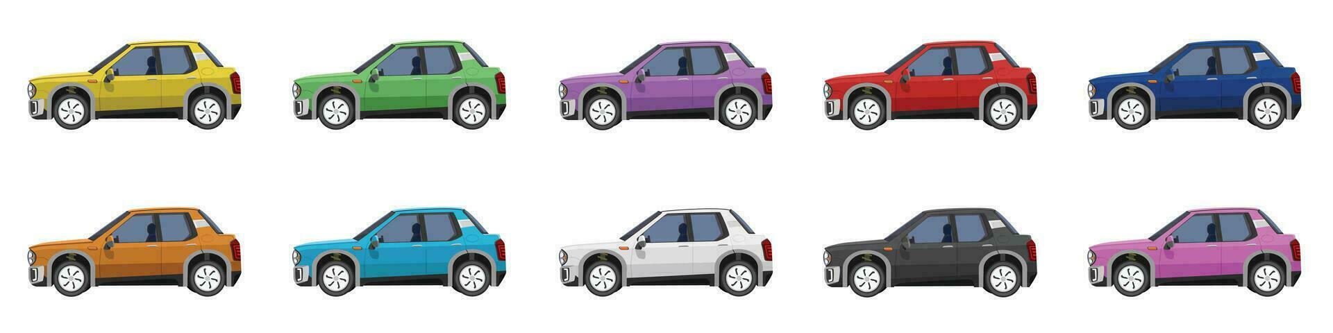 vector o ilustrador de mini carros vistoso recopilación. diseño de eléctrico vehículos coche. vistoso carros con separar capas. en aislado blanco antecedentes.