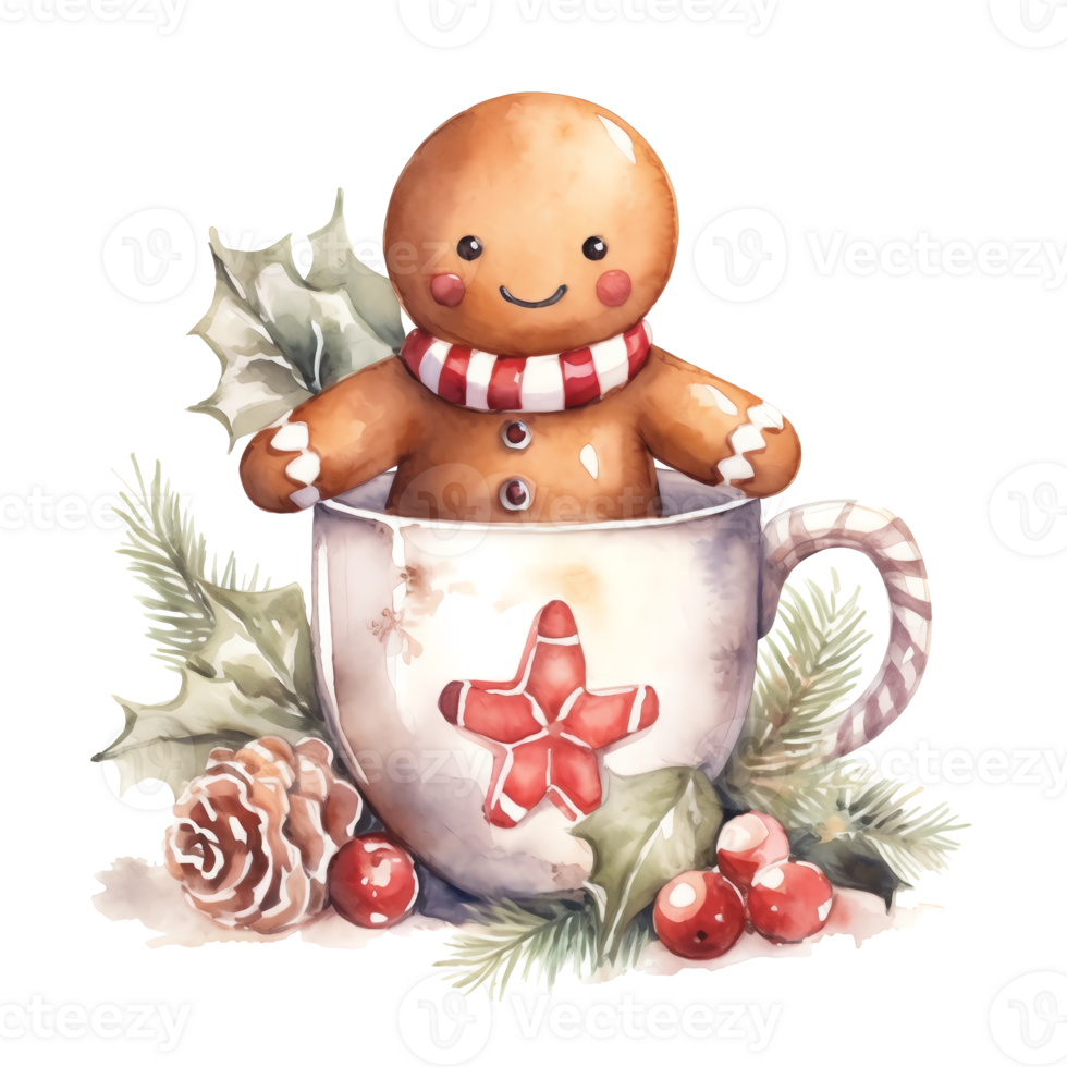 Watercolor Christmas sticker with Christmas Eve. Cup with gingerbread, Christmas tree and pine cones. png
