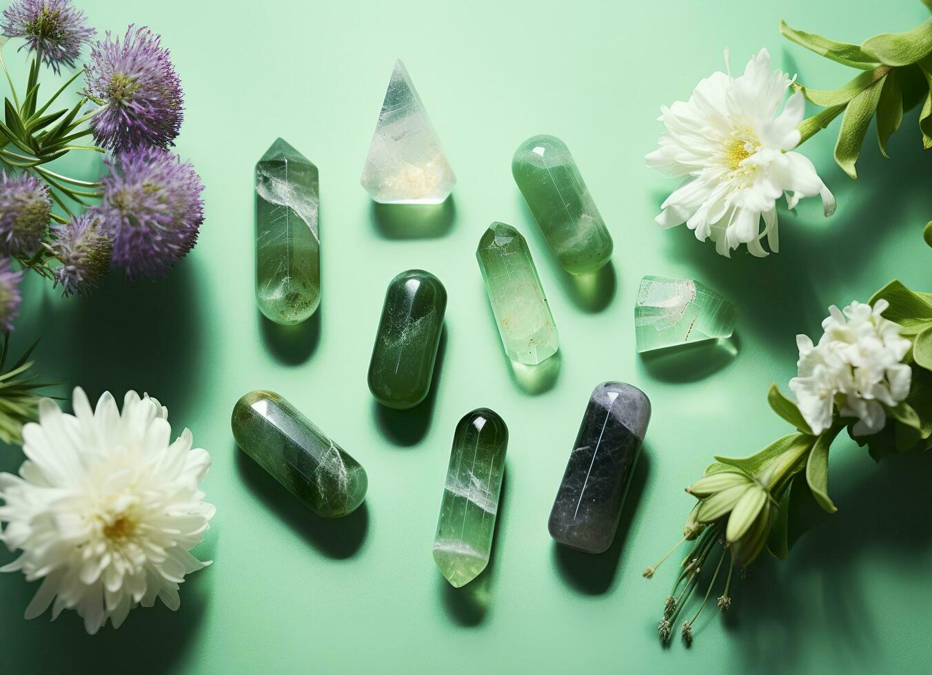 Crystal towers minerals set and white flowers on green abstract background. Generative AI photo