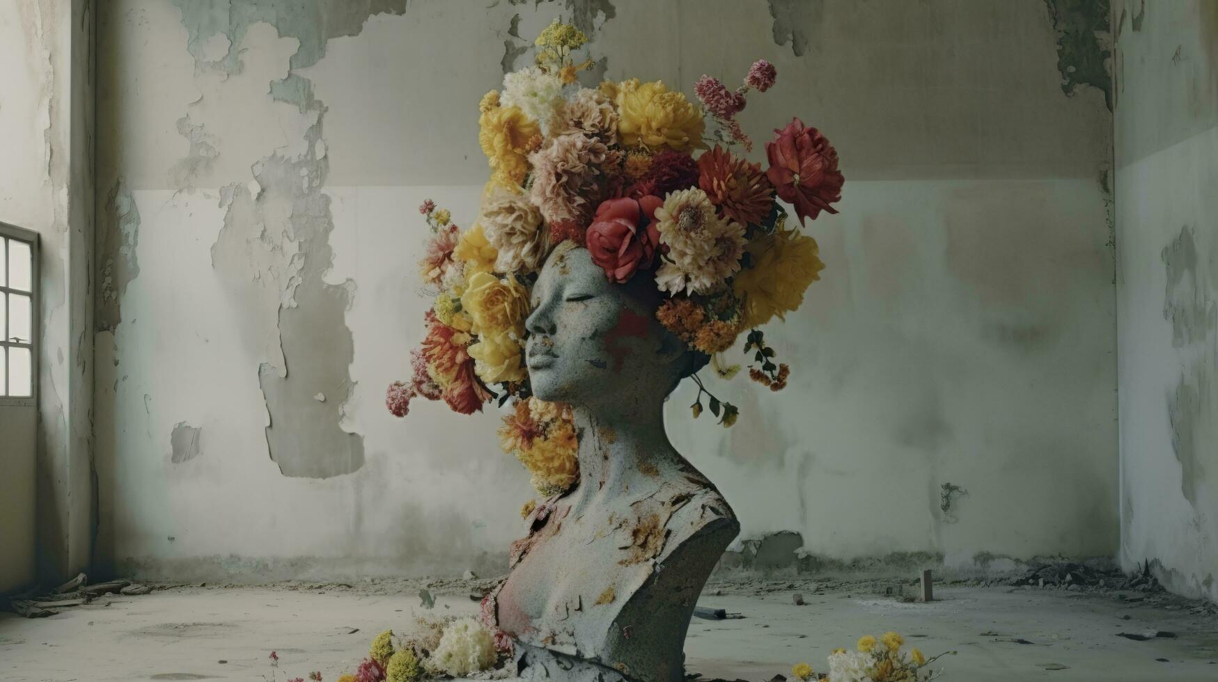 Real flowers cover a sculpture in a concrete building, a sculpture inspired, pastel accent colors, hip hop sculpture, AI Generative photo