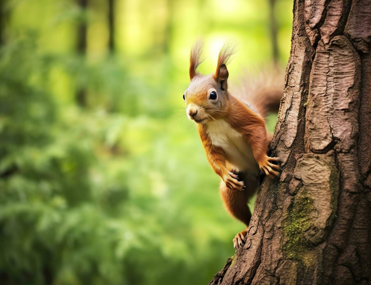 Beautiful squirrel on a tree in a forest park in the summer. Generative AI photo