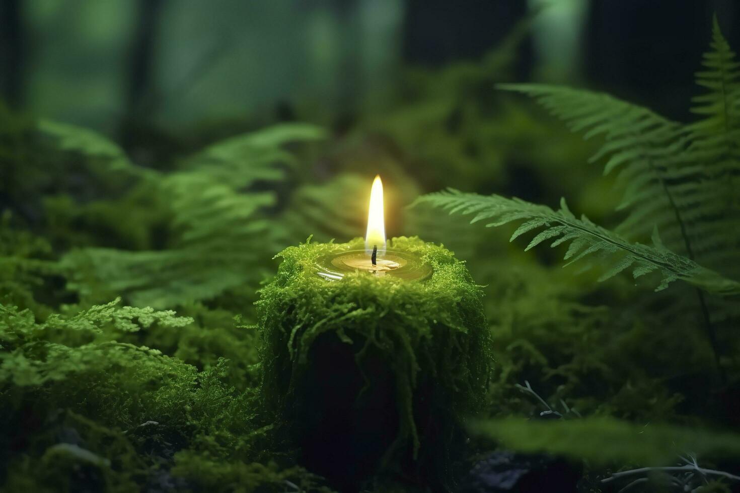 Burning candle on moss, dark green blurred the natural background. Magic candle. Generative AI photo