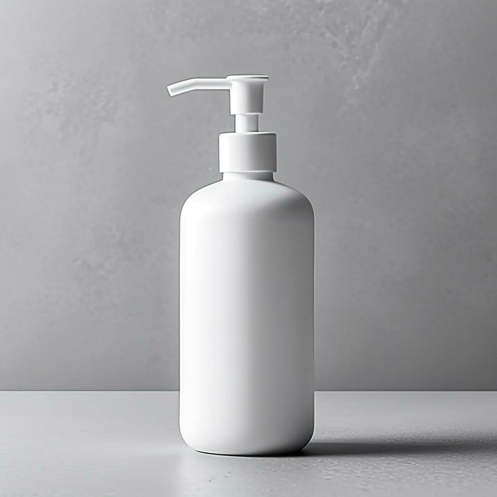 Cosmetic rounded all white soap bottle mockup on white table. AI Generative photo
