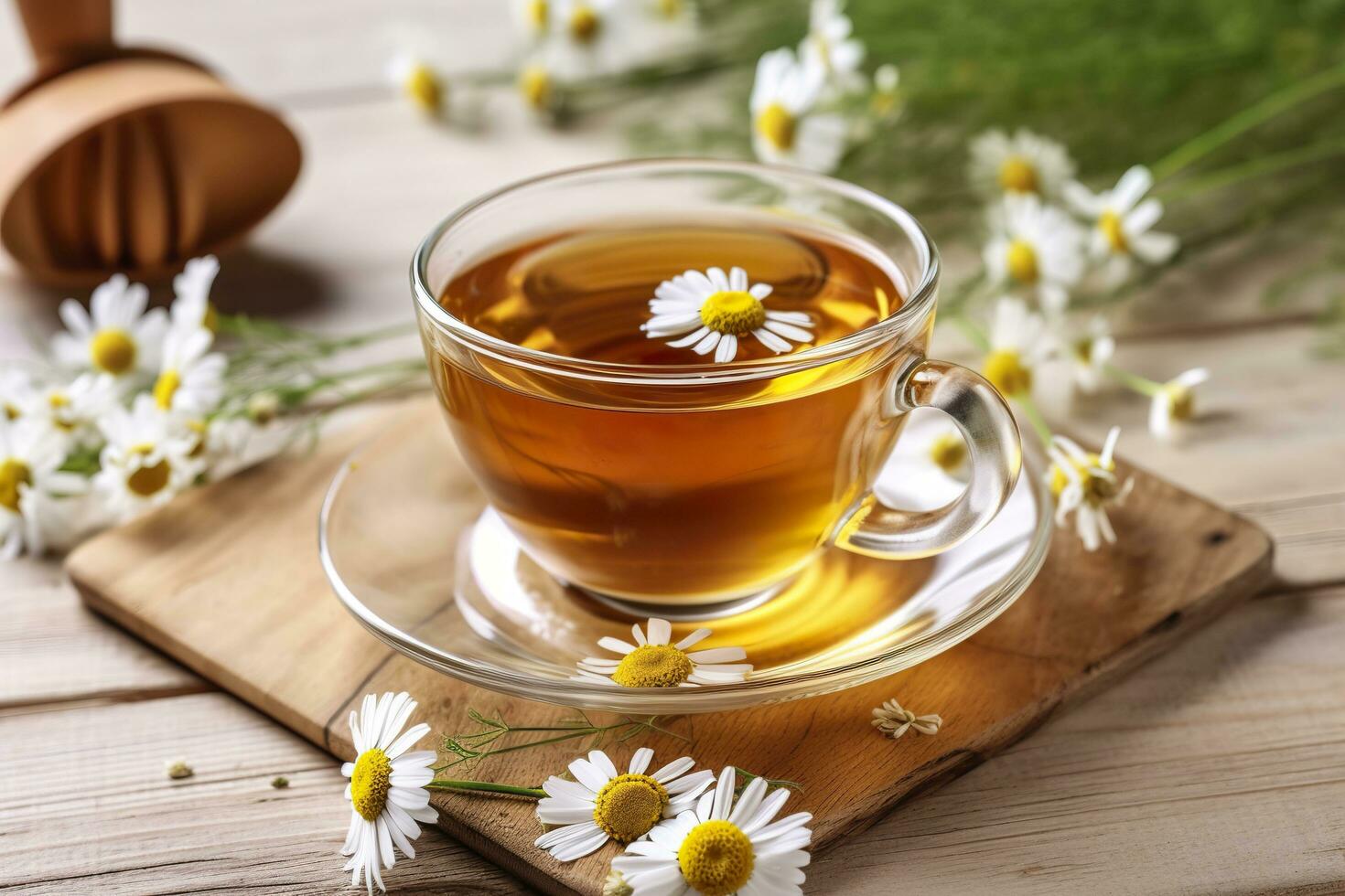 Cup of hot chamomile tea on light wooden background. Generative AI photo