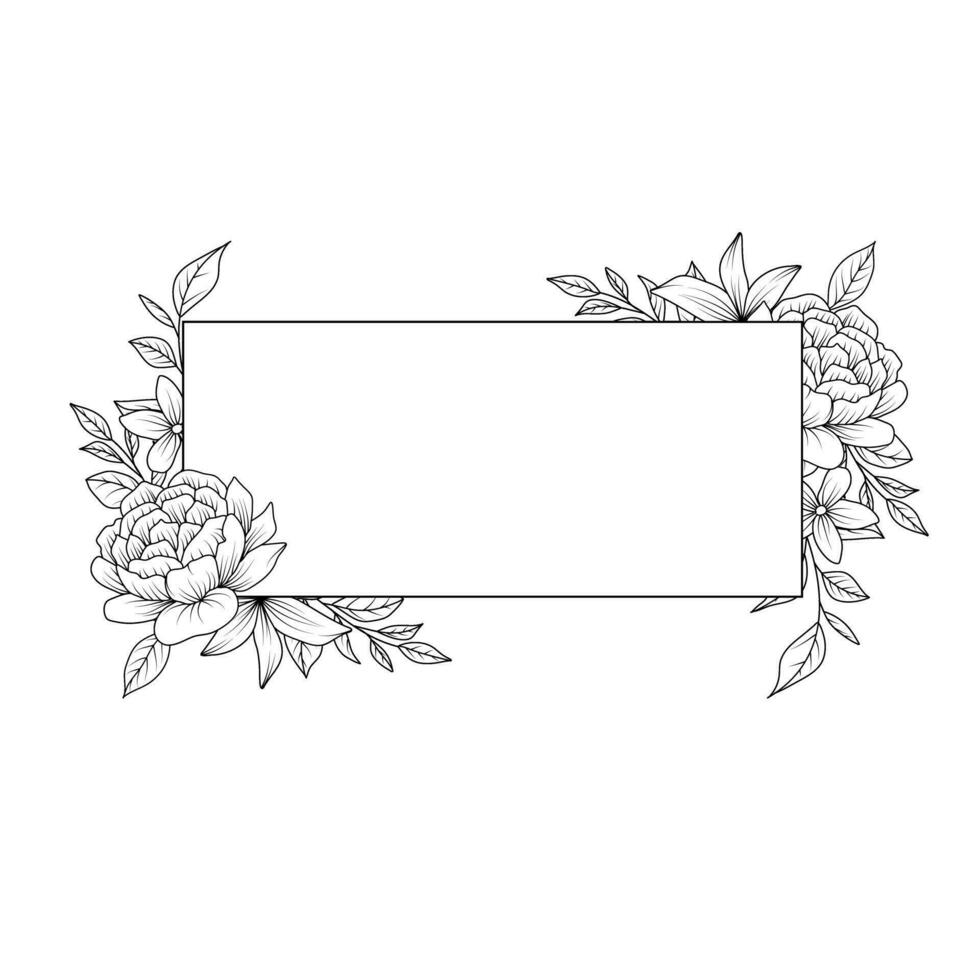 Flower Frame. Hand drawn Botanical vector illustration. Black and white wreath.